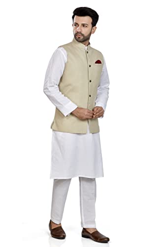Image of BE ACTIVE 100% Cotton Solid Pattern Trendy Comfortable Stylish Full Sleeve Kurta Pajama Set with Jacket Nehru Style Koti for Men's ||