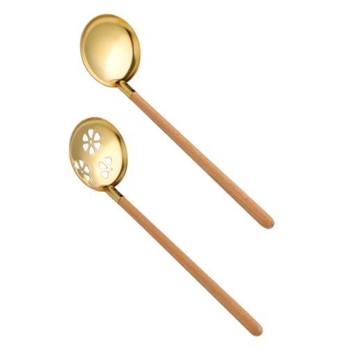 Hoement 2個 ステンレス製木柄ホットポットお玉 スロット付き水切りスプーン 深型 耐久性 使いやすい キッチン調理器具 鍋用おたま おしゃれ