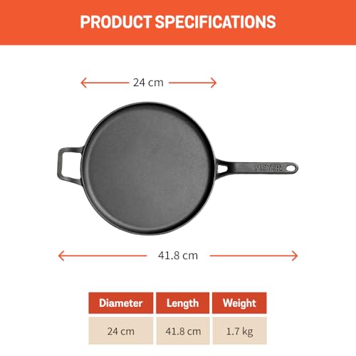 Image of Meyer Pre-Seasoned Cast Iron Flat Dosa /Roti /Chapati Tawa Pan with Stick Handle, Dosa Kallu, Iron Tawa Small Size, Gas and Induction Compatible | 24cm, Black