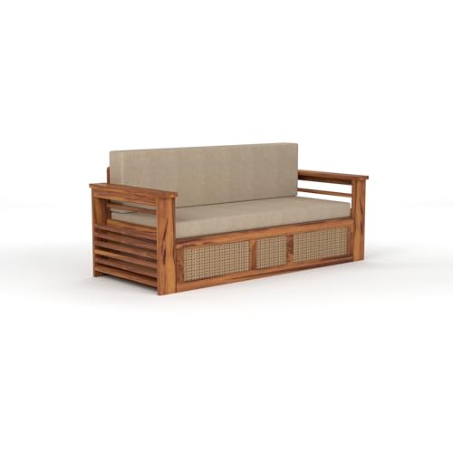 Image of Mamta Furniture Sheesham Wood Sofa Cum Bed with Storage Rattan Cane Design Wooden Sofa Set for Living Room Bedroom 3 Seater Convertible Sofa Bed in Honey Finish
