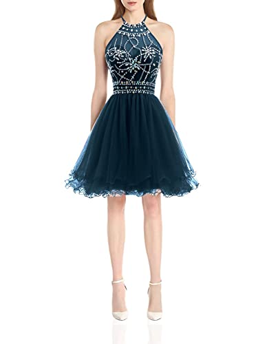 Ellames Women's Beaded Halter Homecoming Dress Short Tulle Prom Dress