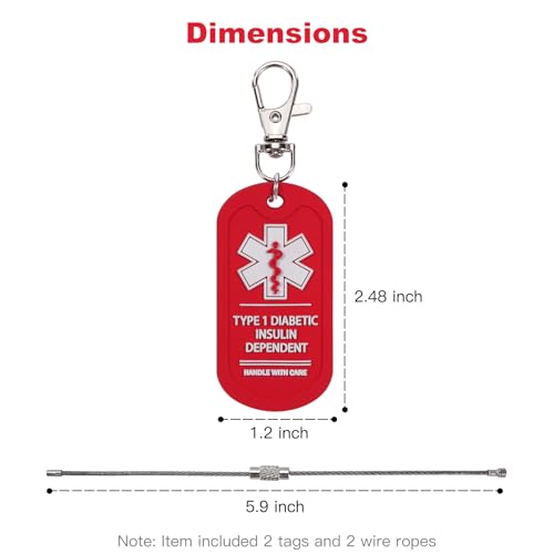 2 Pack Type 1 Diabetic Insulin Dependent Tag, Handle with Care for Bags or Luggage Containing Medical Devices, Easy to Spot, Dual-Side Medical Alert Zipper Pull Bag Tags2
