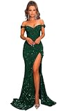 Women's Off Shoulder Mermaid Prom Dresses 2026 Long Sequin Formal Evening Gowns with Slit Emerald Green US6