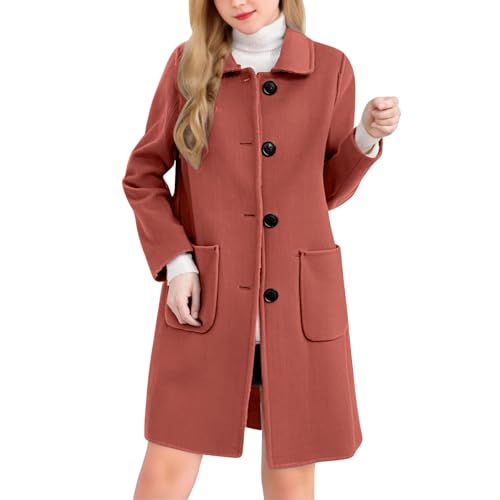 Image of RRMuAzgs Long Coat Women Winter Pea Coats for Women Wool Blend Lapel Collar Single Breasted Dressy Long Trench Coat Warm Fall Winter Jacket Peacoat Watermelon Red L