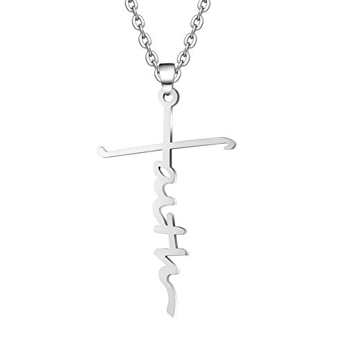 Silver Cross Faith Pendant Necklace Crystal Heart Christian Religous Jewelry for women Girls Stainless Steel Chain 18