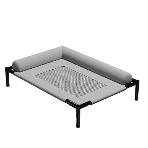 Ladfrol ペットベッド 夏用 高通気 犬用ベッド 猫用ベッド ドッグコット 高床式 透気メッシュ 猫犬兼用 抗菌防湿 防ダニ 洗える L型半包囲枕付き 快適サポート離れ 四季対応 耐荷重 室内屋外 (ミリタリーベッドグレー【グリッド通気】です。,L)