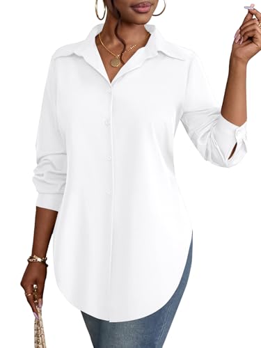 Rooscier Women's Collar V Neck Long Sleeve Slit Side Button Down Long Shirt Blouse Top