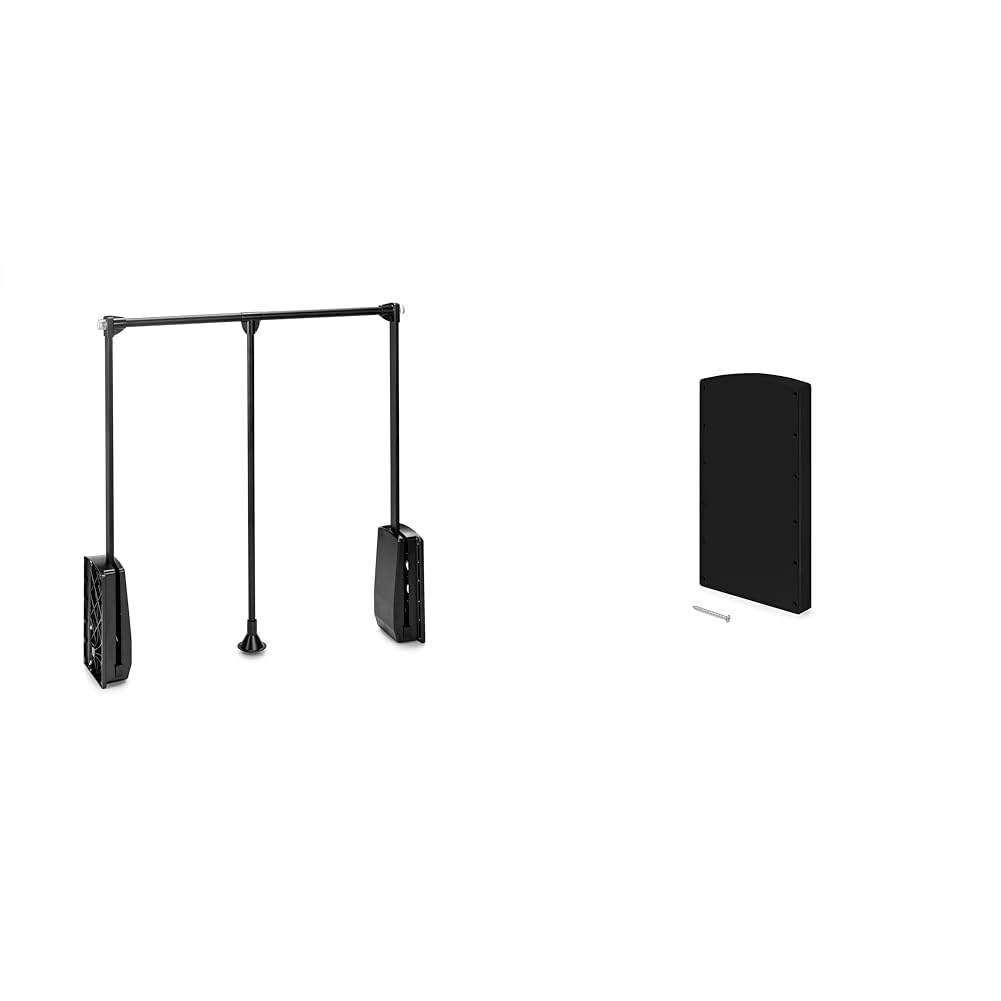 Emuca - Kleiderlift für Schrank, 830-1150mm Breite, Schrankinnenseiten Montage, Stahl, schwarz + 2 Seitlicher Abstandhalter für Kleiderlift, Kunststoff, schwarz