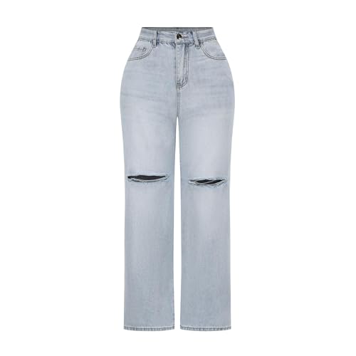 THUNDER STAR Womens High Waisted Wide Leg Jeans Stretchy Distressed Denim Pants 1#Light Blue L