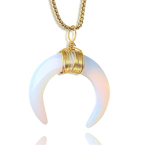 Maibaota Crescent Moon Necklace For Women Gold Plated Moon Pendant Jewelry Spiritual Witchy Gemstone Necklace White Opal Crystal Stone Necklaces #TOP29