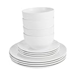 12PC Dinnerware Porcelain White Set: 4 Dinner Plates, 4 Side Plates & 4 Bowls. Dishwasher & Microwave Safe.