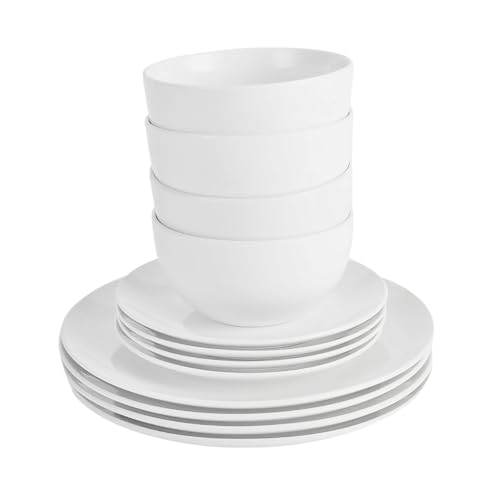 12PC Dinnerware Porcelain White Set: 4 Dinner Plates, 4 Side Plates & 4 Bowls. Dishwasher & Microwave Safe.