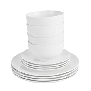 12PC Dinnerware Porcelain White Set: 4 Dinner Plates, 4 Side Plates & 4 Bowls. Dishwasher & Microwave Safe.