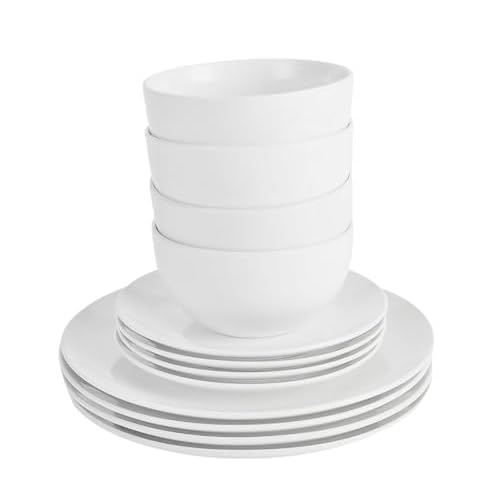 12PC Dinnerware Porcelain White Set: 4 Dinner Plates, 4 Side Plates & 4 Bowls. Dishwasher & Microwave Safe.
