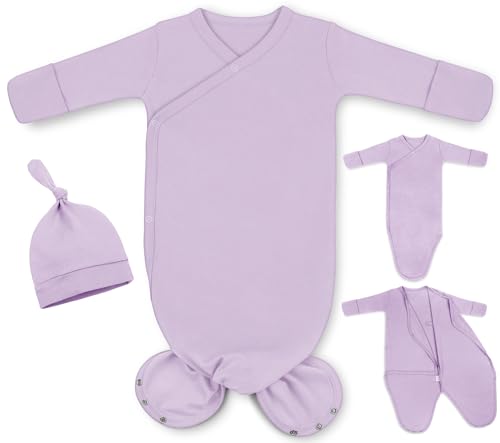 Image of MVUOCR Knotted Baby Gown Girl 0-6 Months, Soft Cotton Newborn Gown Girls, Infant Gowns Coming Home from Hospital Outfit, Newborn Gowns Going Home Outfits with Hat Set Lavender