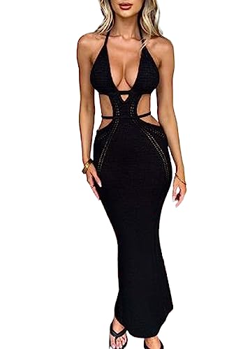 Image of NUFIWI Women Backless Hollow Out Long Dress Sexy Knitted Maxi Dress Bodycon Spaghetti Strap Cocktail Party Midi Dress