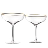 The Wine Savant Colored Crystal Gilded Rim Coupe Glass, Large 9oz Cocktail & Champagne Glasses 2-Set Vibrant Color Short Gold Vintage Tumblers, No Stem Margarita, Glassware Gift Idea (Gold Rimmed)