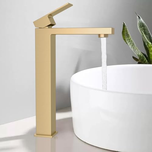 Rubinetto da Bagno Dorato, BuntHaus Rubinetto Lavabo Alto, Miscelatore Lavabo da Appoggio, Miscelatore Lavabo per Acqua Calda e Fredda Regolabile, Rubinetteria in Acciaio Inossidabile (Oro spazzolato)