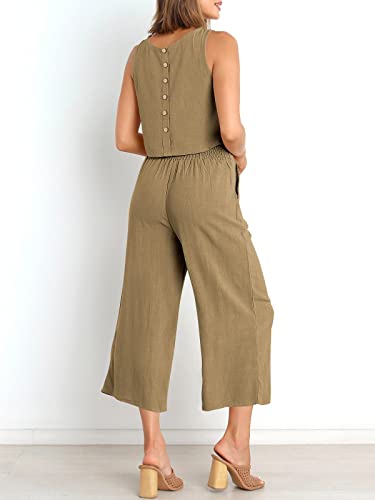 Image of ANRABESS Women's Summer 2 Piece Outfits Sleeveless Tank Crop Button Back Top Cropped Wide Leg Pants Set Pockets