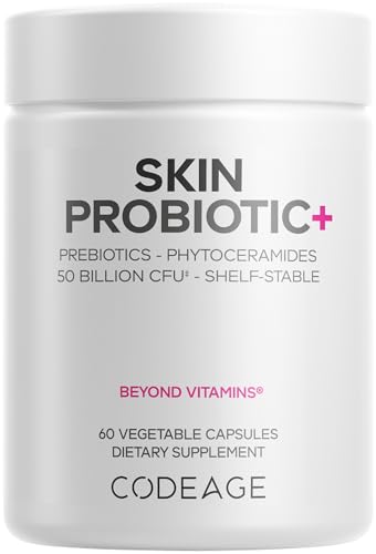 Codeage Skin Probiotics + Prebiotics - Skin Care Routine Supplement - 50 Billion CFU - Ayurvedic Botanical Herbs - Face Probiotics - Shelf Stable Cleanser, Non-GMO, Vegan - 60 Capsules