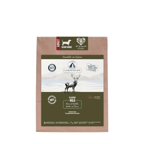 Lakefields Classic Hundefutter trocken | Wild 60% | 1kg | Getreidefreies Trockenfutter | Für kleine ausgewachsene Hunde | Heidelbeere, Karotte & Birne | Extra kleine Kroketten | Schonend gebacken