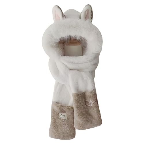 Hooded Scarf for Women Winter Warm Faux Fur Scarf Hat Gloves Combo with Cute Fox Ear
