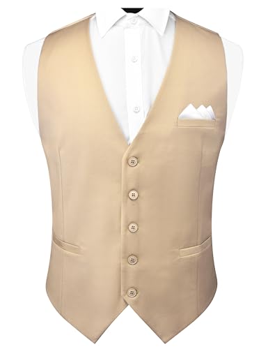 GUSLESON Men's Champagne Vests Solid Suit Vest for Men Waistcoat and Pocket Square Set Khaki Beige Vest Suit Tuxedo Set Wedding Party (0820-05-L)