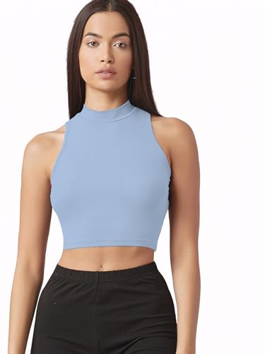 Image of Sugathari Women's & Girls' Solid Ribbed High Neck Sleeveless Crop Tops for Women (Top 37)