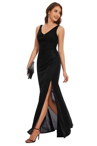 Formal Dresses V Neck Mermaid Prom Dress with Slit Long Cocktail Dress for Women Split Ruching Wedding Guests Dress3