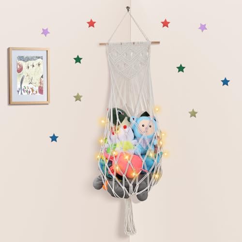 63 Inch Jumbo Stuffed Animal Storage w/ LED Star Light, Toy Hammock Wall Ceiling Over Door Hanging Organizer for Nursery Stuffy Plushie, Cream Stuffed Animals Hammock Corner for Kid Girls Boys Gift