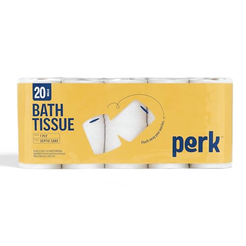 Perk 1-Ply Toilet Paper, Septic Safe Tissue Rolls, 1,000-Sheets Per Roll, 20-Pack, White
