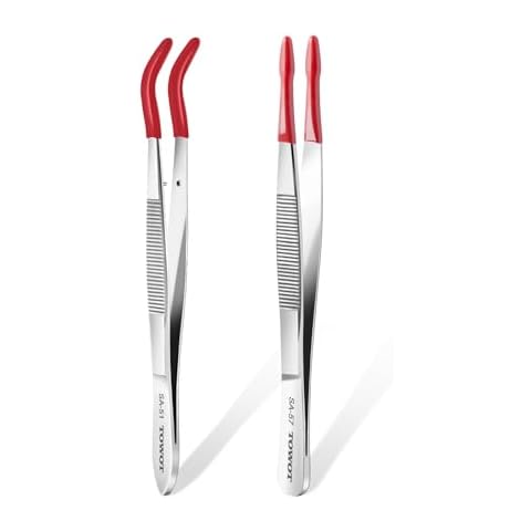 TOWOT 2 PCS Rubber Tipped Tweezers, PVC Rubber Coated Tweezers Bent and Straight Flat Tip craft Tweezers for Stamp Jewelry Hobby Crafts Industrial Electronic(red) Cover