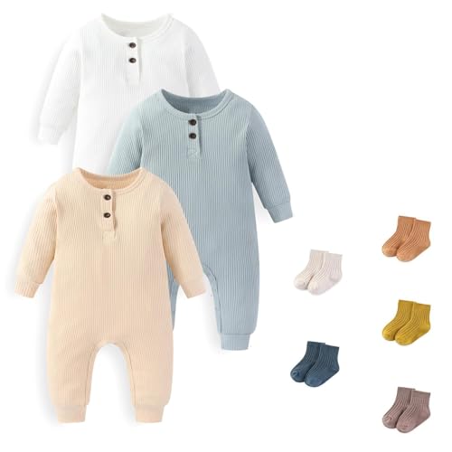 Image of JELYLOVE Unisex Long Sleeve Baby Romper And Sock Solid infant Boy Girl Jumpsuits 0-24Months New Born Outfits