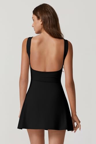 QINSEN Womens Open Back Tennis Dress Sleeveless Built in Shorts Golf Athletic Dress with Pockets2