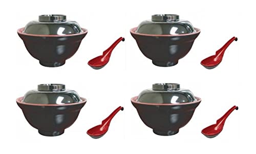 JapanBargain, Soup Bowl with Lid and Spoon for Miso Soup Rice Poke Donburi Noodle Pasta Cereal Black and Red Color Japanese Style with Hook Spoon, 21 oz (4, 21oz No Gift Box)