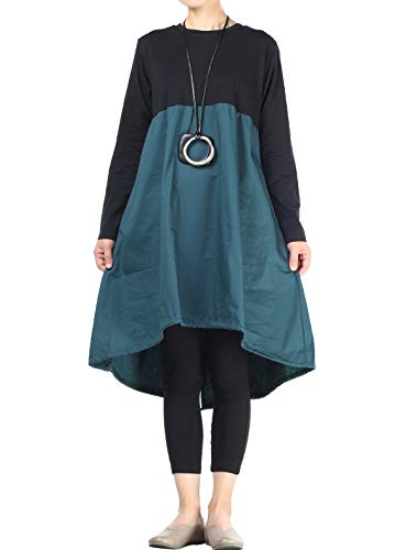 Vogstyle Damen Langarm A-Linie Beiläufige Lose mit Tasche T-Shirt-Kleid Art 3-Blau XL