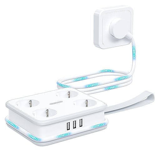 Regleta de Enchufes USB de Corriente Múltiple NTONPOWER Regleta de enchufes de 3 USB y 4 Tomas, Regletas Enchufe con Cable de Extensión de 1,6 Metros para Hogar Oficina, Blanco