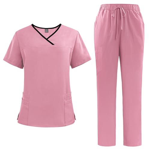 Meichoon uniformes médicos para mujer Traje clásico de manga corta y cuello en V Pantalón jogging de secado rápido con cuatro bolsillos Suave y absorbente del sudor DK51Pink M
