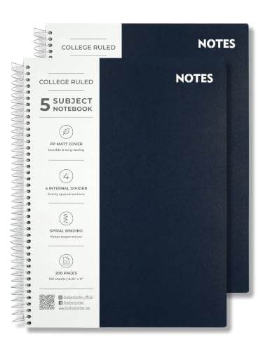 Image of DOODLE Focus Flow 5 Subject Spiral Notebook Set of 2 | Dark Blue + Dark Blue | 200 Sheets Each, College Ruled Paper | Multi Subject Notebooks with Dividers & Water Resistant Covers
