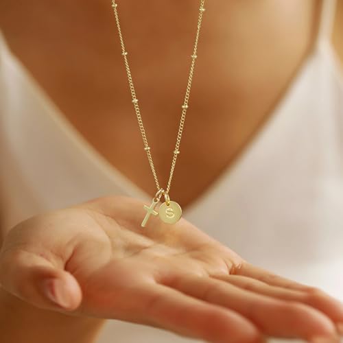 Turandoss Valentines Day Gifts for Kids Teen Girls - Dainty 14K Gold Plated Cross Disc Initial A-Z Pendant Necklace Trendy Faith Jewelry Birthday Personalized Valentines Gifts for Women Girls - Image 6