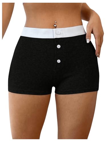 SweatyRocks Women's Color Block Ribbed Shorts Button Front High W...