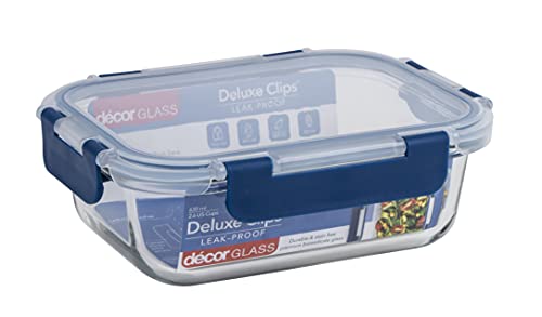 Décor Deluxe Clips Glass Food Storage Container, BPA-Free Airtight & Leakproof Lid Storage Container, Dishwasher, Freezer & Microwave Safe, Odour Resistant Glass Jar, 630ml