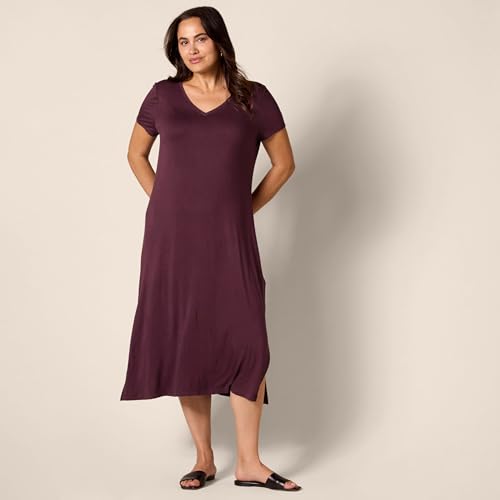 Image of Amazon Essentials Women's Regular Fit V-Neck Short Sleeve Midi Length T-Shirt Dress, Soft Viscose Stretch Jersey, Side Slits