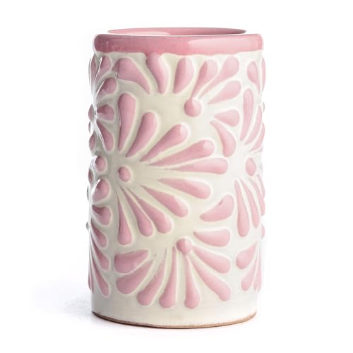 Image of Talavera Shot Glasses Set of 4 Authentic Mexican Tequila Shot Glasses - Hand-painted - 2 Oz (Pink Brushstroke White Background)