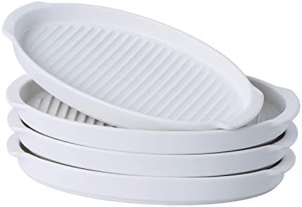 Bruntmor Plate Set Dinner Plates Set Of 4 Porcelain Matte Glaze Sushi Serving Tray 9" Dinner Plates, Oven Safe Roasting Grill Pan with handles Oval Dish, White