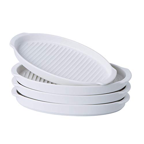 Bruntmor Plate Set Dinner Plates Set Of 4 Porcelain Matte Glaze Sushi Serving Tray 9" Dinner Plates, Oven Safe Roasting Grill Pan With Handles Oval Dish, White #TOP6