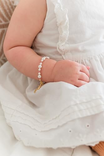 Image of Cherished Moments Children's First Communion 14K Gold-Plated Pink Cross Bracelet with Simulated Pearls For Girls Communion Gift
