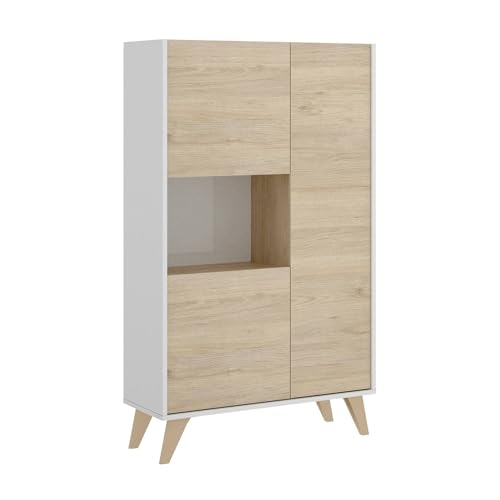 Dmora - Credenza Boario, Buffet alto da soggiorno, Madia moderna da salotto a 3 ante, 81x43h135 cm, Rovere e Bianco