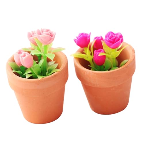 Abaodam 2 Stück Miniatur Rosenpflanzen Puppenhaus Dekoration DIY Mini Pflanzenmodell Verarbeitung Langlebig Geeignet für Puppenhaus und Mikro Landschaft Rosa und Rosen