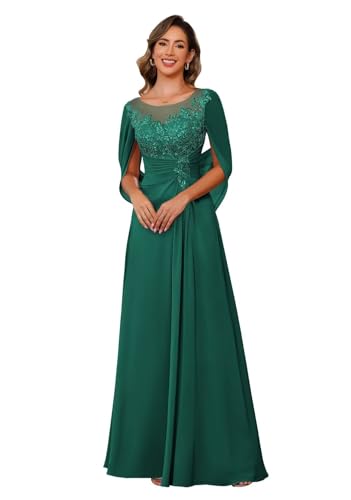 Lace Long Mother Dress for Women with Pleated Sequin Cape Scoop Illusion Chiffon Formal Dresses RA035